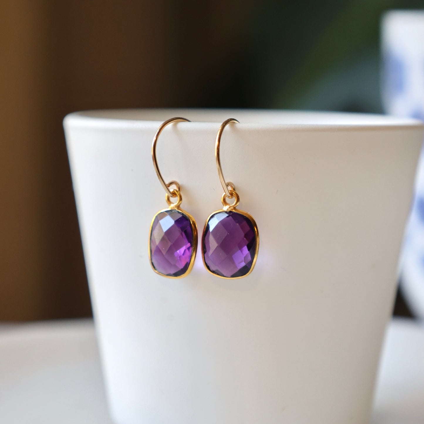 Amethyst Rectangular Gold Earrings