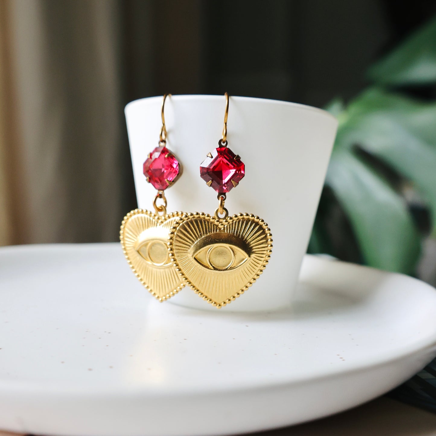 Watchful Eye Brass Earrings - Pink