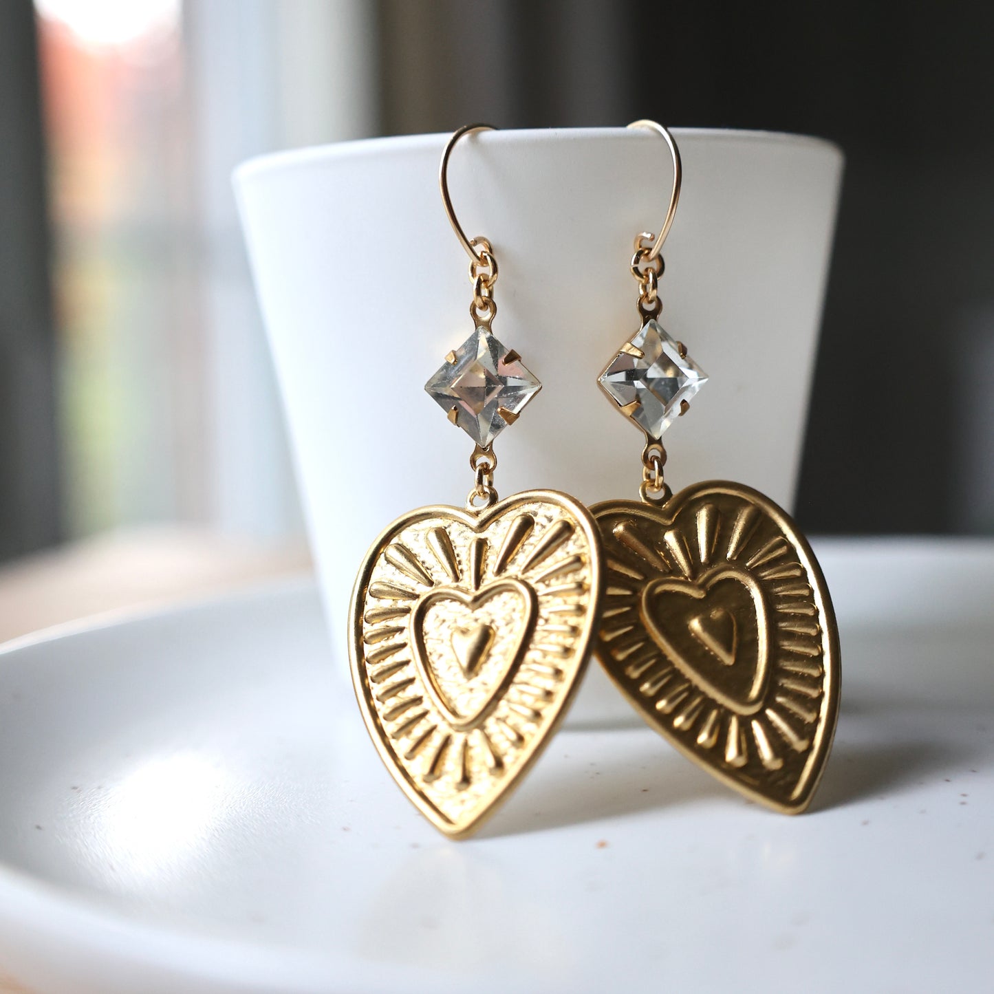 Radiant Heart Brass Earrings - Crystal Clear