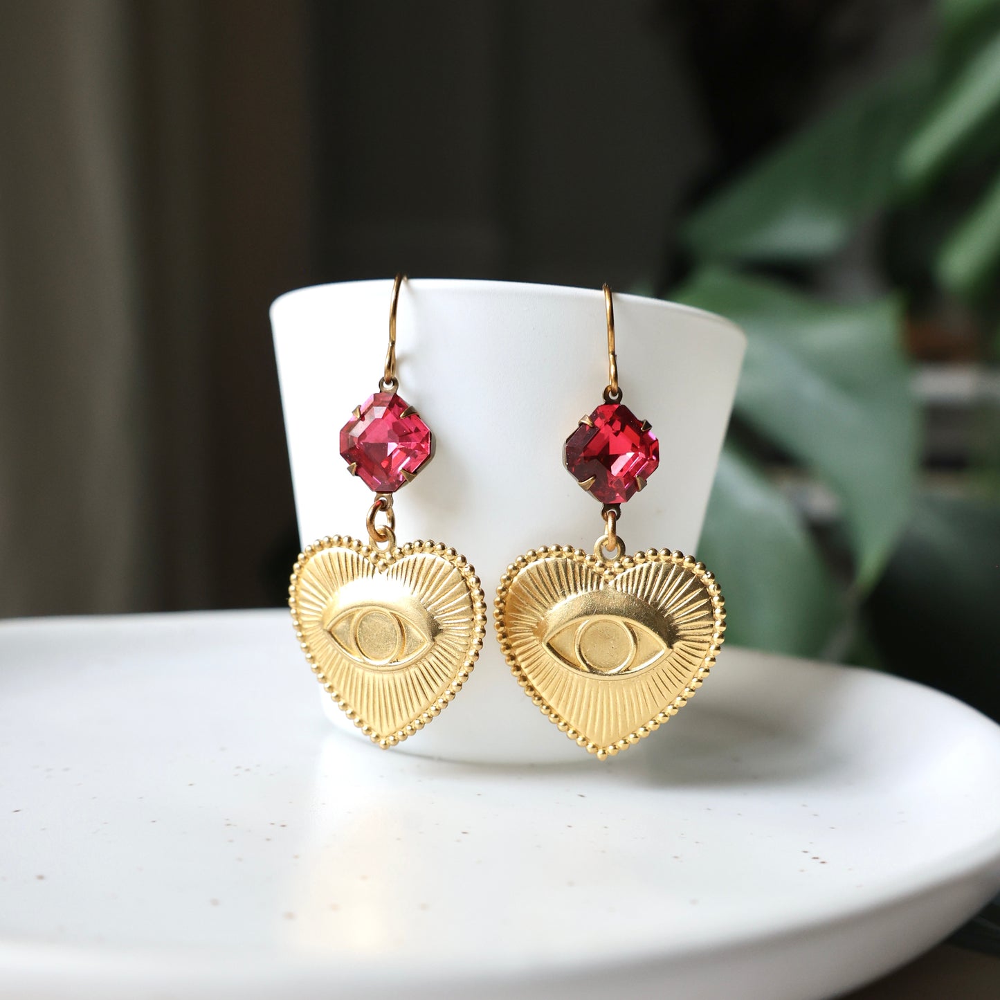 Watchful Eye Brass Earrings - Pink