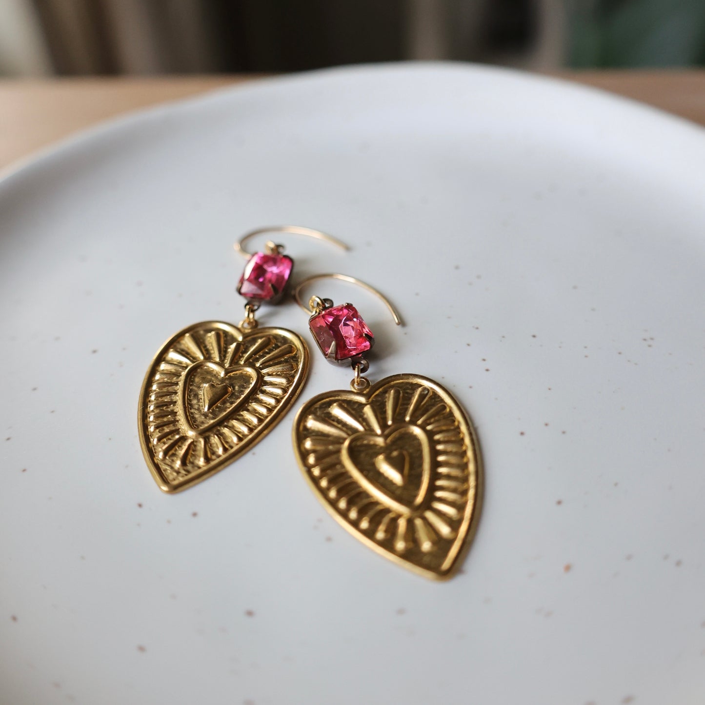 Radiant Heart Brass Earrings - Vintage Pink