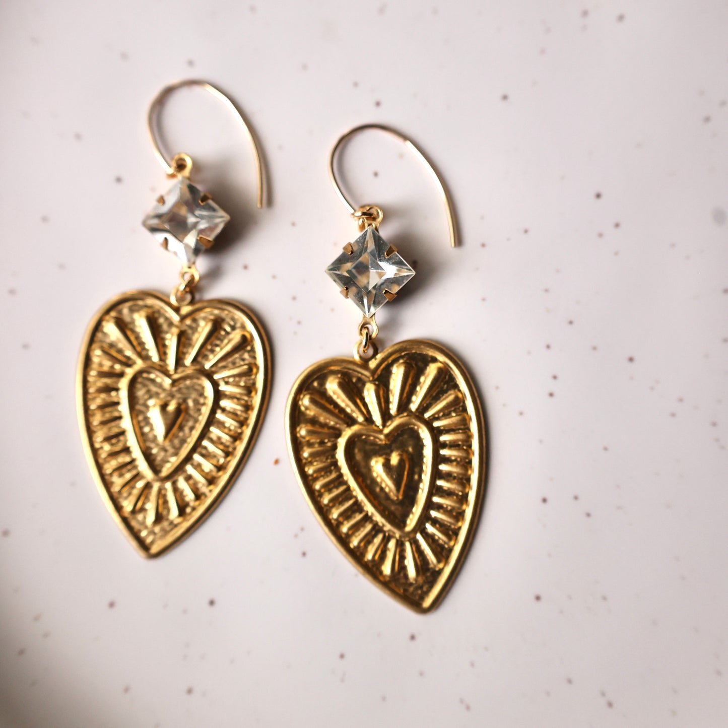 Radiant Heart Brass Earrings - Crystal Clear