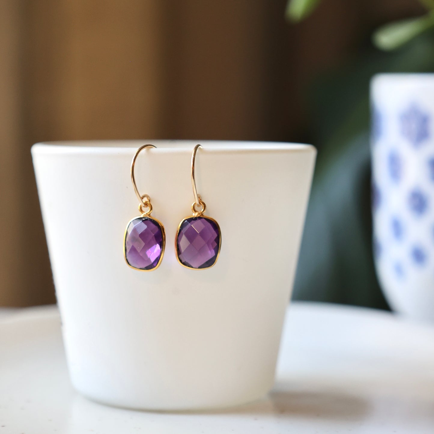 Amethyst Rectangular Gold Earrings