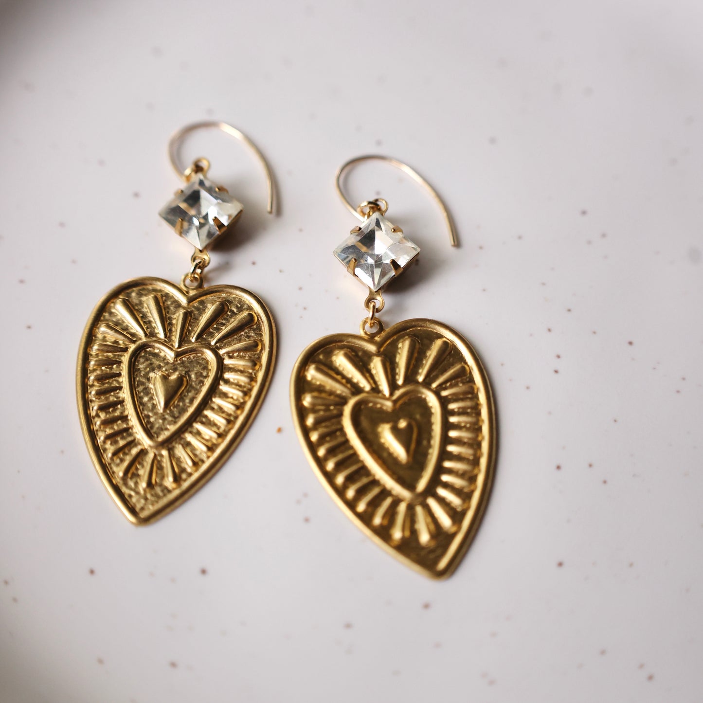 Radiant Heart Brass Earrings - Crystal Clear