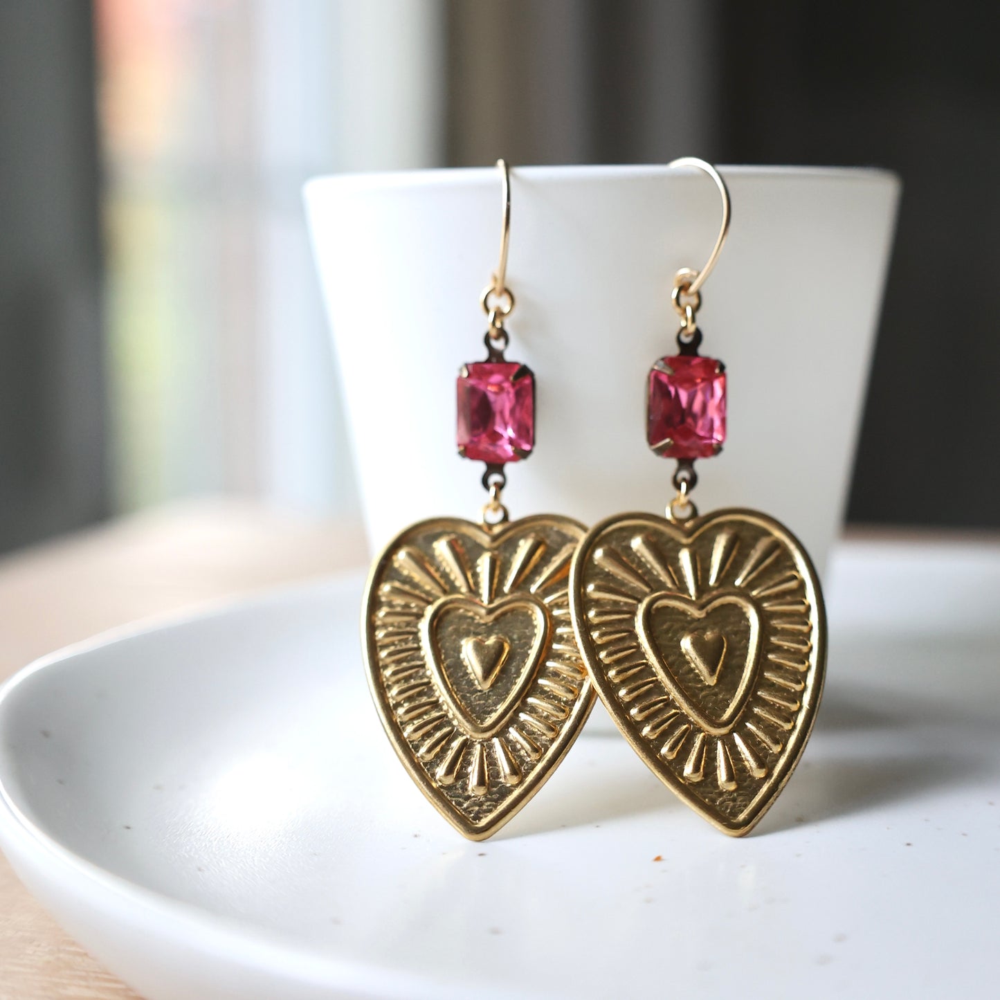 Radiant Heart Brass Earrings - Vintage Pink