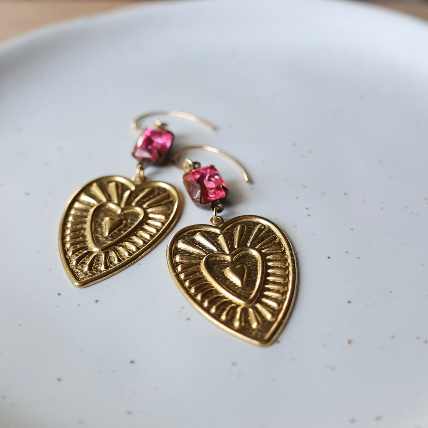 Radiant Heart Brass Earrings - Vintage Pink