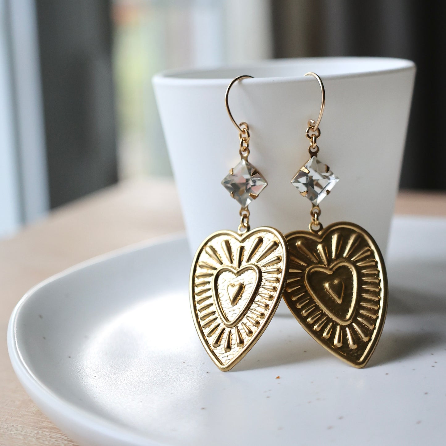 Radiant Heart Brass Earrings - Crystal Clear