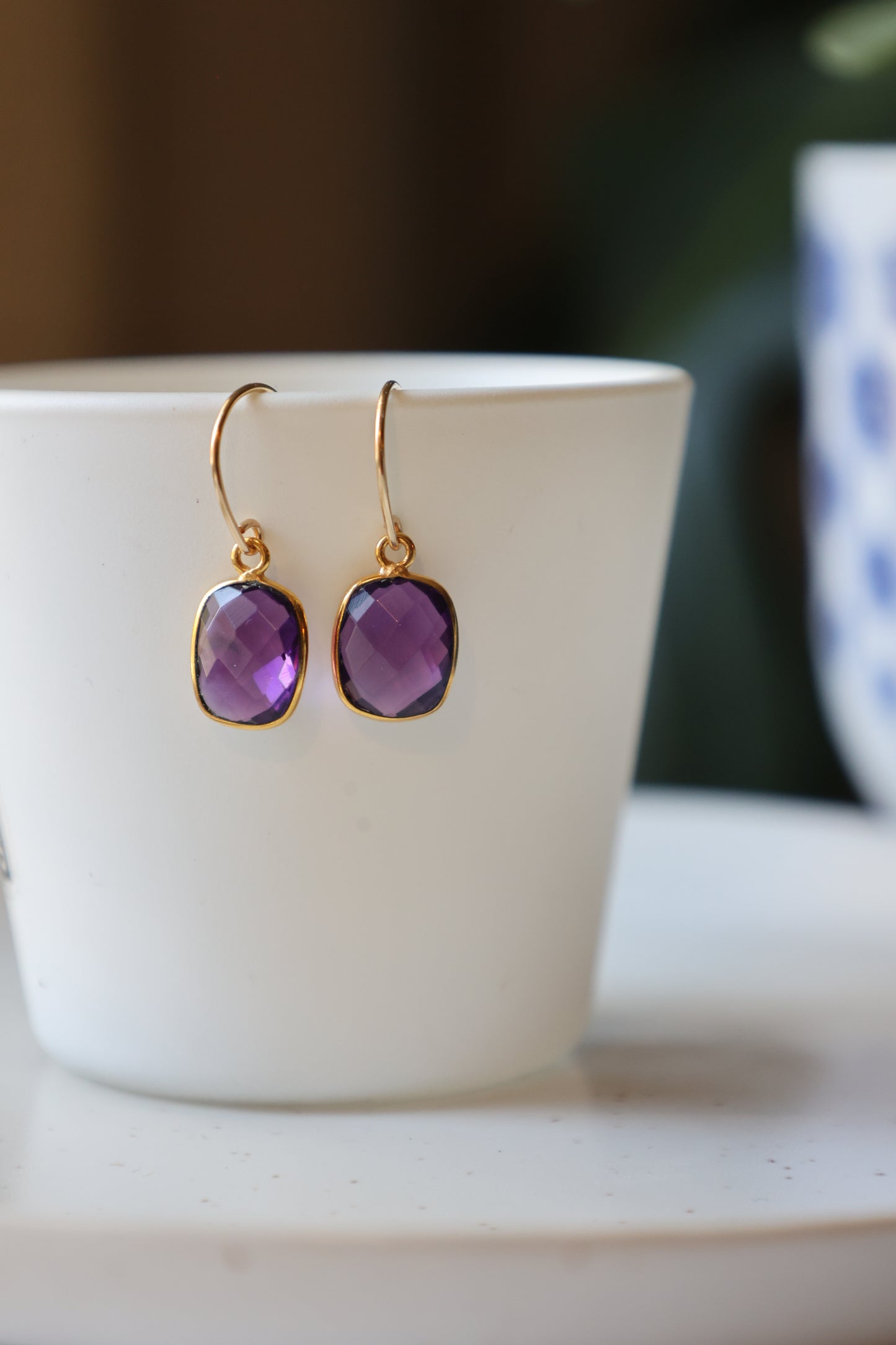 Amethyst Rectangular Gold Earrings