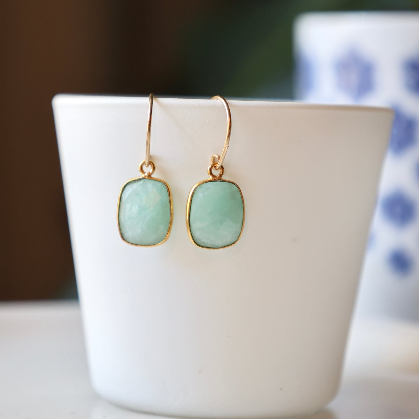 Amazonite Rectangular Gold Earrings