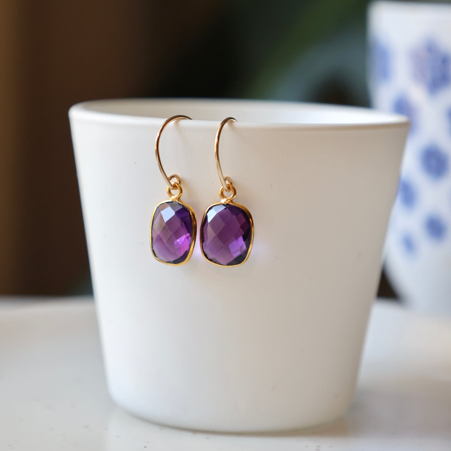 Amethyst Rectangular Gold Earrings