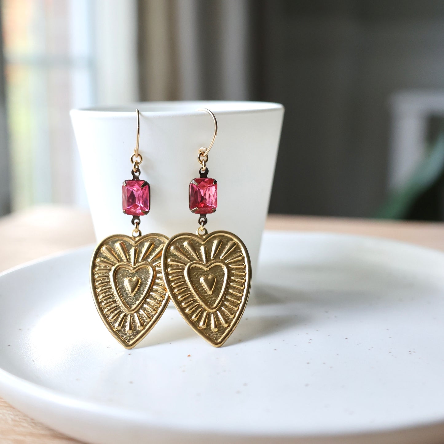 Radiant Heart Brass Earrings - Vintage Pink